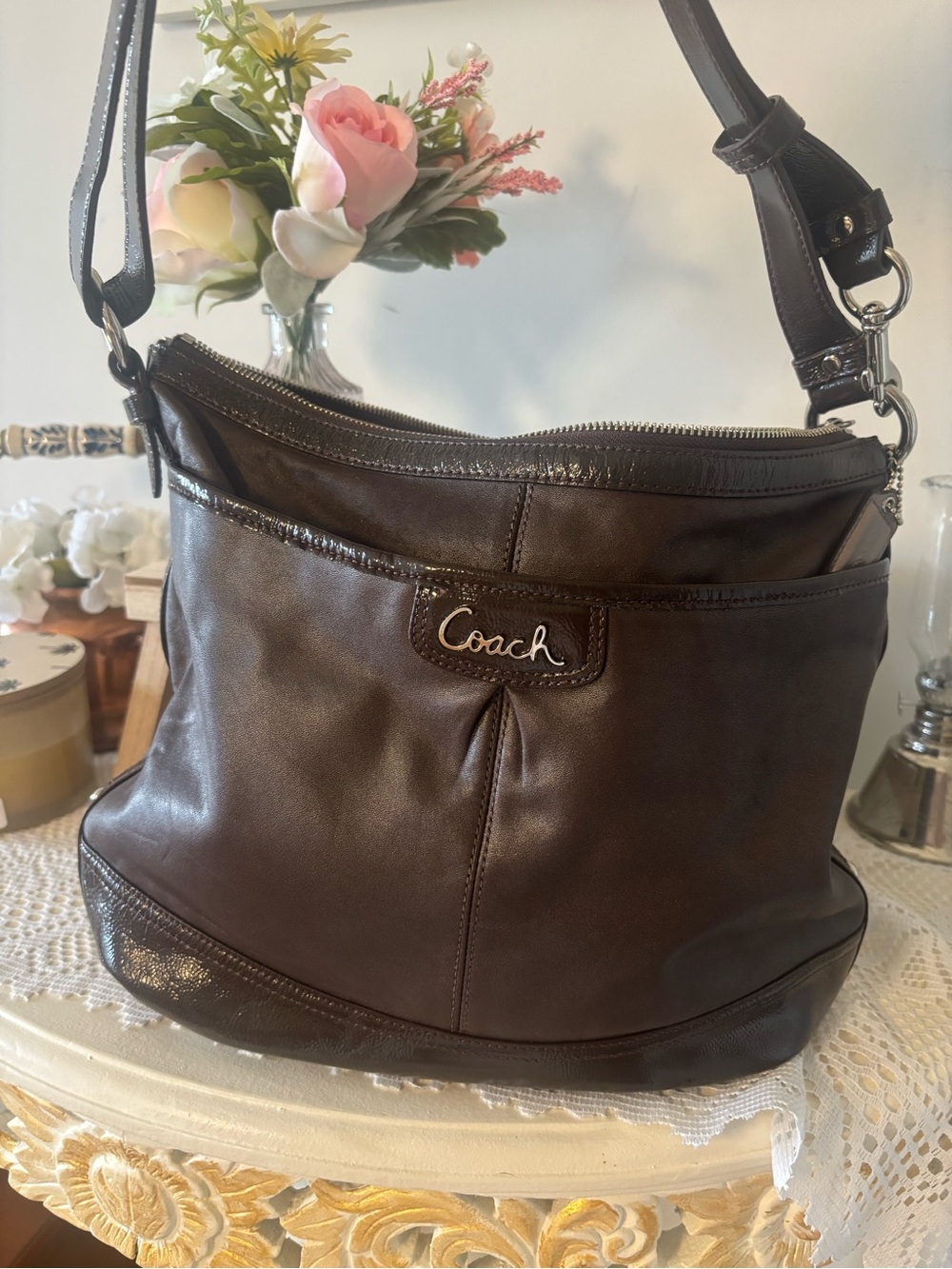 Coach Dark Brown Leather Shoulder Bag with Silver Hardware